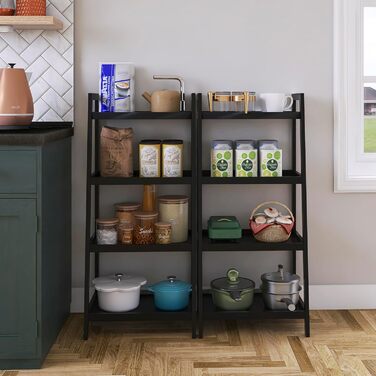 Бамбукова книжкова полиця SMIBUY з драбиною, органайзер для полиць у ванній кімнаті, окремостояча підставка для рослин, компактні полиці для спальні, кухні, балкону (чорна, 4 полиці (99 см заввишки)) Чорна 4 полиці (99 см заввишки)