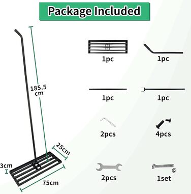 Гребінь для газону Rasen Rakel 75x25 см, міцний вирівнюючий грабель з ергономічною вигнутою ручкою (185 см), ідеально підходить для ґрунту, щебеню, добрив, саду, подвір'я та гольф-поля
