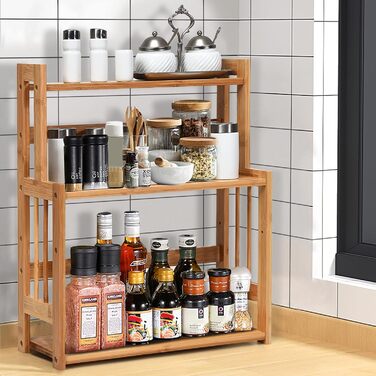 Бамбукова підставка для спецій GIANTEX, 3 яруси, кутовий органайзер для кухонних полиць, підставка для спецій з натурального дерева, кухонна підставка для спецій, стояча кухонна полиця, система кухонних полиць, органайзер для спецій, кухонний органайзер