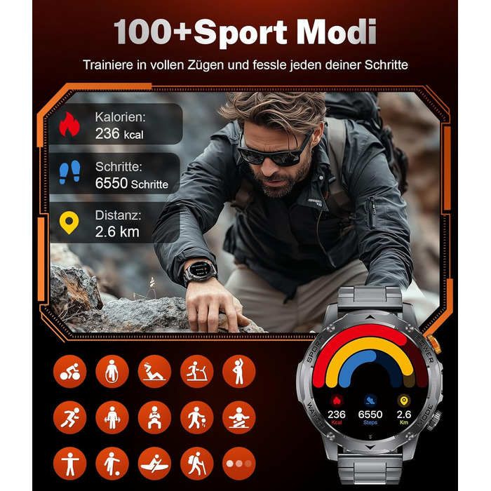 Чоловічий військовий смарт-годинник - акумулятор 1000 мАг/великий HD-дисплей 1,75 дюйма, смарт-годинник з ліхтариком/дзвінками через Bluetooth/130 спортивних режимів, водонепроникний фітнес-годинник IP68 з монітором серцевого ритму/сну, для Android iOS EF