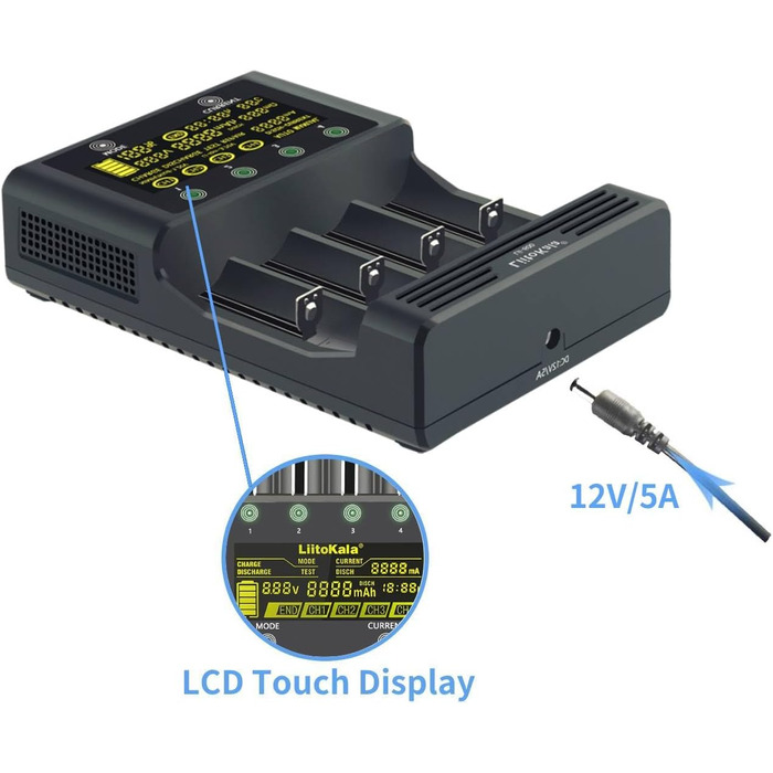 Зарядний пристрій для акумуляторів 18650 LiitoKala Lii-600 із сенсорним РК-дисплеєм, зарядний пристрій для акумуляторів типу АА з 4 відсіками, включаючи адаптер 12V5A для Li-Ion/Ni-MH/Ni-Cd 14500 21700 AA AAA тощо.