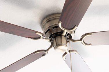 Стельовий вентилятор Kisa без підсвічування Вентилятор із тяговим перемикачем із старовинної латуні з реверсивними лопатями з рожевого та горіхового дерева, діаметр 105 см. (Колір латунь, палісандр/горіх)