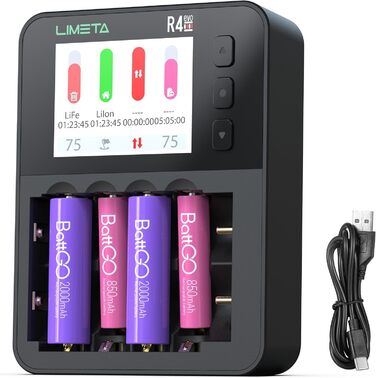 Зарядний пристрій LIMETA 18650 для акумуляторів AA AAA з 42 незалежними слотами, підтримує розряд/аналіз, з РК-дисплеєм, для 3.7V Li-Ion/Ni-MH/Li-Fe/1.5V Lithium 18650 18700 20650 20700 21700 26650 AA AAA R4EVO