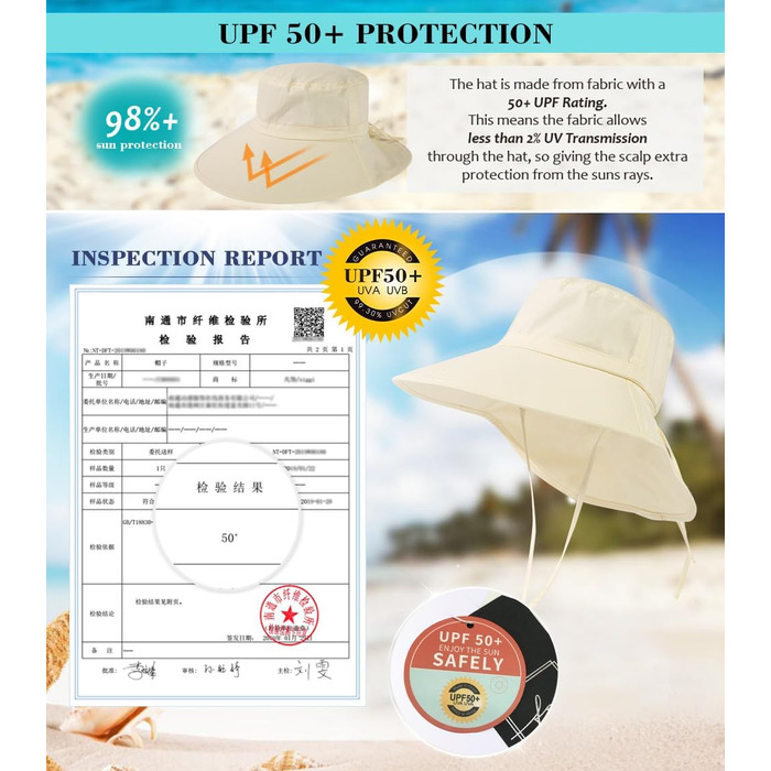 Жіночий сонцезахисний капелюх Comhats, захист від сонця UPF 50, літній капелюх із захистом шиї, широкі козирки, бавовна, розмір S 1005бежевий