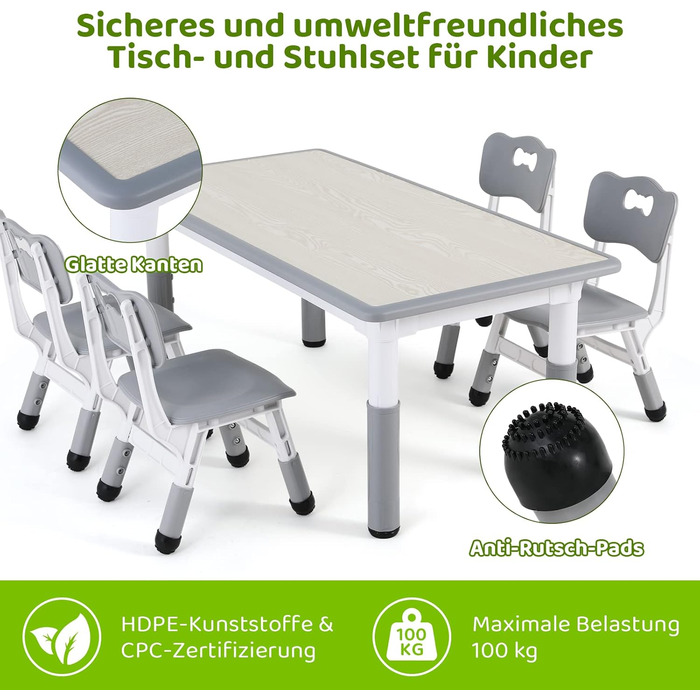 Дитячий комплект столу та стільців MAMIZO з 4 стільцями, регульований по висоті дитячий комплект столу та стільців для дитячого садка та дитячої кімнати, пластикові дитячі меблі, комплект сидінь для хлопчиків та дівчаток від 2 років, сірий 60 x 120 см (4 