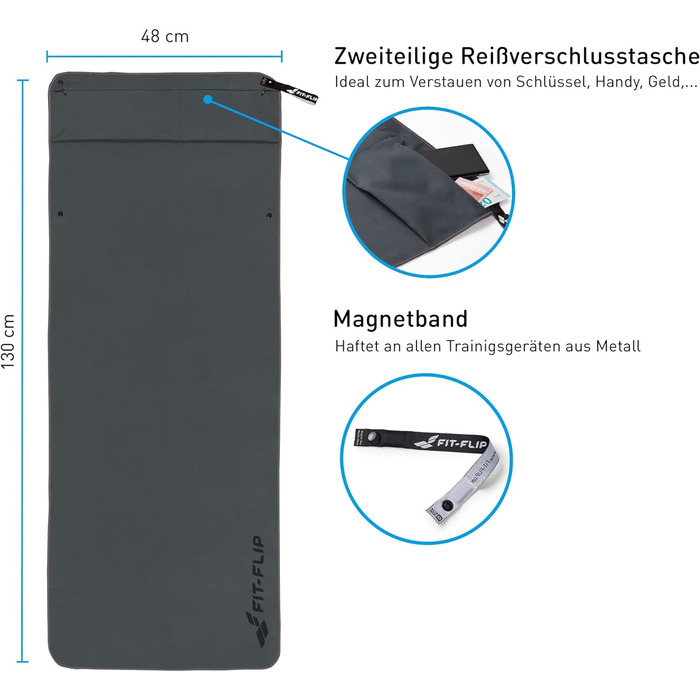Рушник для фітнесу Fit-Flip - з магнітом і кишенею на блискавці - Рушник для фітнесу з мікрофібри для спорту та фітнесу - Компактн