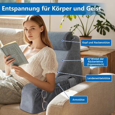 Подушка для спини, подушка для читання для ліжка та дивана зі знімними підлокітниками та підголівником, підтримка спини для дорослих, клиноподібна подушка з чохлом, який можна прати, подушка для спини для читання/гри/перегляду телевізора, сіра