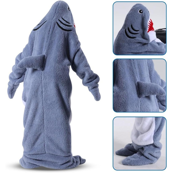 Толстовка з капюшоном FARYODI з акулою та рукавами S-XXL, толстовка з капюшоном та спальним мішком з акулою, фланелевий комбінезон з акулою та ніжками, фланелева ковдра з акулою, подарунок для мультяшних піжамних вечірок M (140-155 см) сіро-блакитна