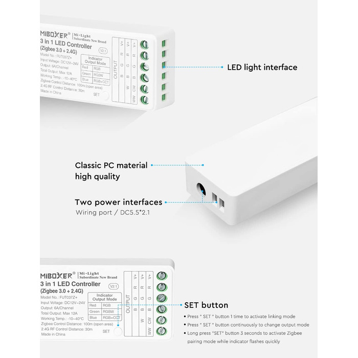 Контролер світлодіодної стрічки LGIDTECH FUT037Z Miboxer 3-в-1 Zigbee 3.0 2.4G, працює зі світлодіодною стрічкою RGB & RGBW & RGB CCT, сумісний з Philips Hue, Storeo Echo Plus (2-го покоління)