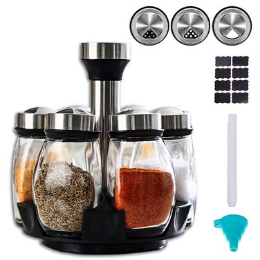 Обертова підставка для спецій, карусель для спецій, тримач для спецій на 6 склянок, підставка, що обертається на 360, набір вежі з 6 скляними контейнерами для спецій для шафи, стільниці, кухні (спеції не входять до комплекту) SPICE RANK-6