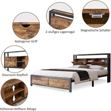 Металеве двоспальне ліжко HYUB 140 x 200 см з узголів&39ям для зберігання речей, ліжко з рейковою основою та металевим каркасом, дитяче ліжко з великим місцем для зберігання речей під ліжком, для спальні/гостьової кімнати 140x200 см - матрац не входить до