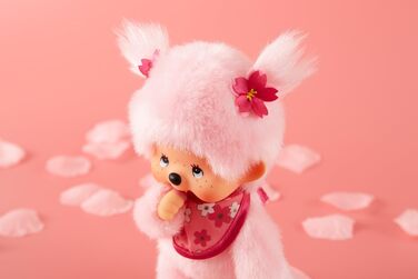 Оригінальна лялька Monchhichi Вишня в цвіту, плюшева фігурка з нагрудником та косичками з квітами, м'яка іграшка рожевого кольору, приблизно 20 см, 767020 -