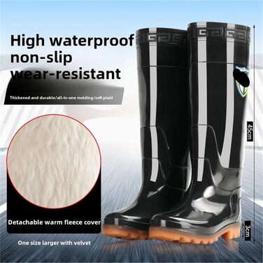 Чоловічі дощові чоботи, супер високі шкарпетки, дощове взуття, довгі водні рибальські чоботи, потовщені зносостійкі, нековзні, пластикові, водонепроникні, чорні, одинарні, 40 EU