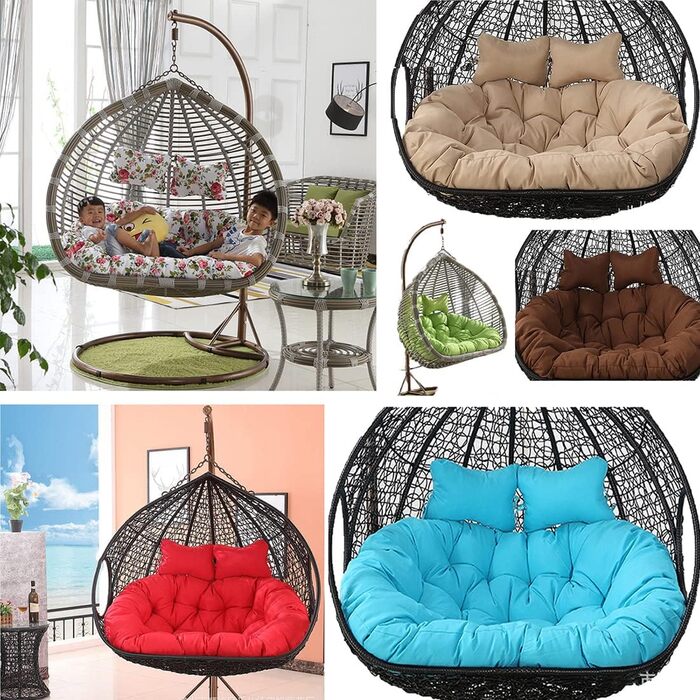 Яйцеподібна подушка для подвійного підвісного шезлонга-гойдалки, м&39яка, глибока подушка, подушка для двомісного крісла-гойдалки для використання на вулиці з ремінцями, повністю наповнена, не згинається (кавовий колір)