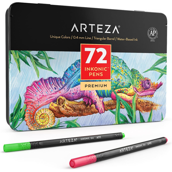 Набір ARTEZA Inkonic Fineliner Set, 72 тонких фломастера з наконечником 0,4 мм, кольоровий bullet journal fineliner, трикутний, з ергономічним стволом і кольоровими номерами для розфарбовування, малювання і деталізації ука (упаковка 72 шт. и)