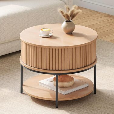 Круглий журнальний столик YITAHOME, журнальний столик з 2-рівневим місцем для зберігання, журнальні столики з розсувними дверима в дизайні тамбура для вітальні, дерев&39яні журнальні столики, дуб класичний