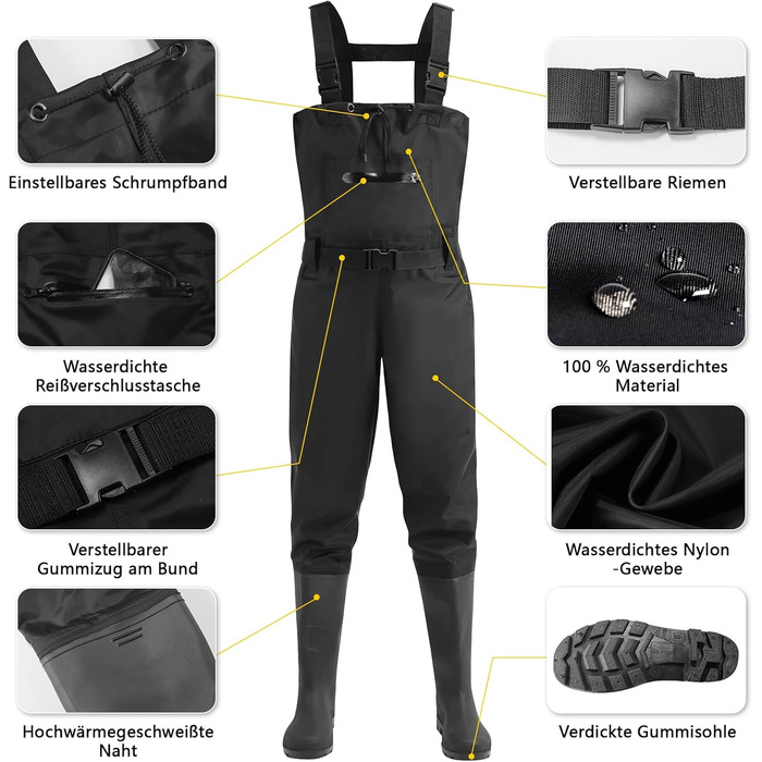 Чоловічі та жіночі потовщені вейдерси, рибальські вейдерси з чобітьми, вейдерси з нагрудними кишенями, регульованими ремінцями, нейлонові вейдерси, рибальські вейдерси 44W