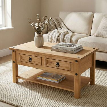 Журнальний столик CARO Furniture IDIMEX Salsa, масив сосни, дві шухляди та полиця, натуральний колір