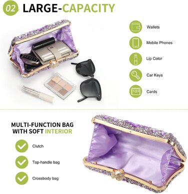 Вечірня сумочка для жінок, блискуче кришталеве клатч з ланцюжком на плече для весілля, вечірки, вихідних, світло-ліловий