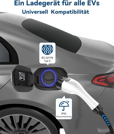 Зарядний кабель RamTouch для електромобілів типу 2 Schuko (3,7 кВт, 6,5 м), мобільна настінна коробка Schuko з регульованою та зап