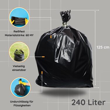 Літрові надзвичайно міцні та стійкі до розривів сміттєві мішки, товщиною 60 мкм. Міцні сміттєві мішки об&39ємом 240 літрів для дому, саду, промисловості та громадського харчування (6 рулонів)., 240-