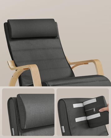 Крісло-гойдалка SONGMICS з підлокітниками з березового дерева, крісло-гойдалка, регульована підставка для ніг у 5 положеннях, вантажопідйомність до 150 кг, для спальні, вітальні, темно-сірий-натуральний LYY10G сірий бавовна-поліестер