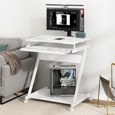 Невеликий комп&39ютерний стіл з 4 колесами (2 з гальмами), Z-подібний комп&39ютерний стіл з підставкою для клавіатури для дому та офісу, 60 x 48 см, білий, 60 x 48 x 73 см