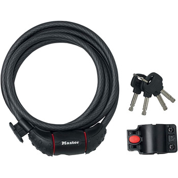 Тросовий замок для велосипеда Master Lock, ключ, сталевий трос 1,8 м, водонепроникний, з кронштейном, 8130EURDPRO - Використовуйте з усіма типами велосипедів, колясок та іншого спортивного спорядження. Чорний, 29,0 см x 14,8 см x 4,0 см.