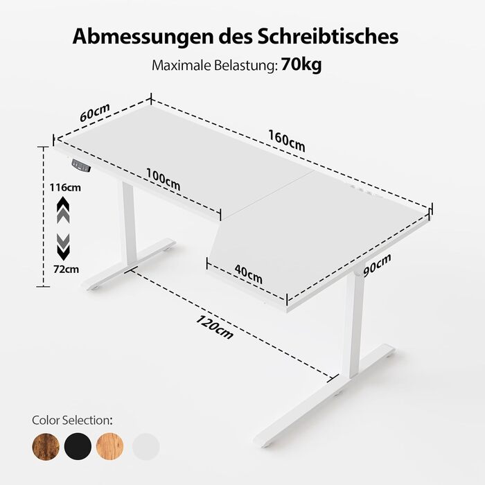Електричний стіл Agilestic, 160 x 90 см, метал / дерево, білий