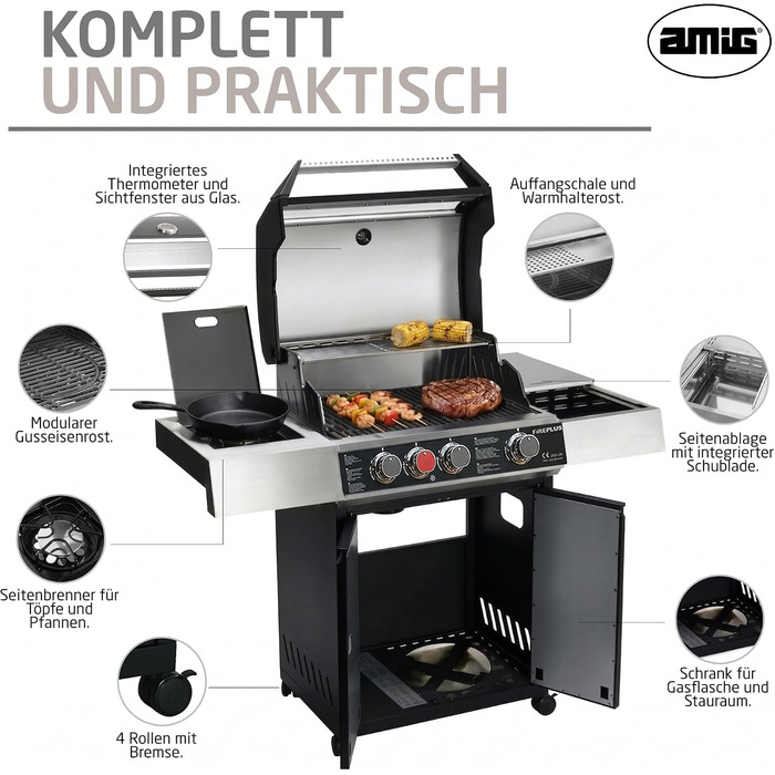 Газовий гриль Amig Fireplus XL GRILL-2 4F (129 x 55 x 115 см) чавунна решітка (60 x 41,5 см), термометр, бічна полиця, нижня шафа та колеса з гальмами, чорний