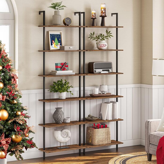 Рівнева книжкова полиця HOOBRO своїми руками, промислова драбина, полиця з ДСП, вертикальна полиця зі стабілізуючою металевою рамою, для домашнього офісу, вітальні, темно-коричневий EBF65CJ01 60 x 24 x 200,5 см темно-коричневий чорний, 6-