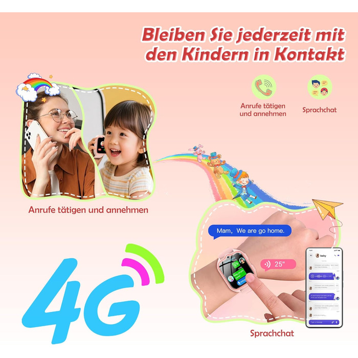 Дитячий смарт-годинник зі слотом для SIM-картки, LBSWiFiGPS-трекер, підтримка 4G, ліхтарик, екстрений виклик SOS, телефонний дзвінок, голосовий чат, шкільний режим, IP67, рожевий дитячий годинник для дівчаток