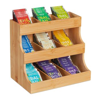 Органайзер для чаю Relaxdays, 9 відділень, виготовлений з бамбука, HBT 24 x 27 x 17,5 см, для чаю та кави в капсулах, вертикальна підставка для чаю, білий/натуральний