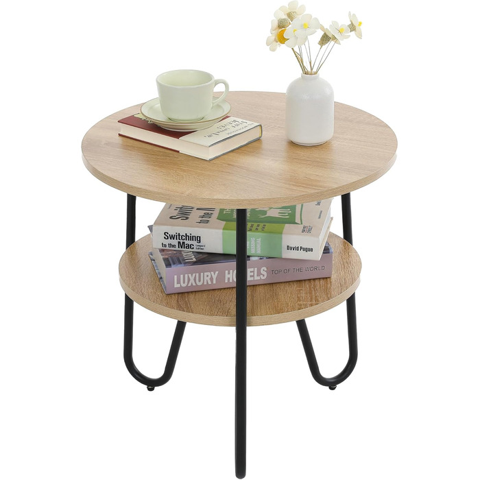Круглий журнальний столик Mingone, бічний столик з 2 полицями, сучасний диванний столик з місцем для зберігання, маленький столик для вітальні, спальні, балкону, кольору дерева