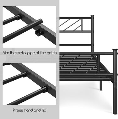 Металеве ліжко Yaheetech 90 x 200 см Мінімалістичний каркас ліжка з узголів&39ям Гостьове ліжко з рейковою основою для спальні Гостьова кімната 32 см Висота під ліжком Чорний колір 90 x 200 см