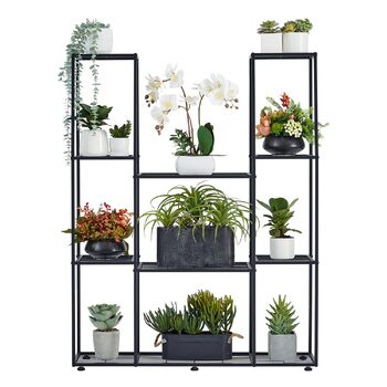 Металева підставка для квітів, 4 яруси, 11 горщиків, підставка для рослин для приміщень/вулиці, водонепроникна, багатоярусна підставка для рослин для саду, балкону, вітальні, двору, чорна, 95x25x120 см
