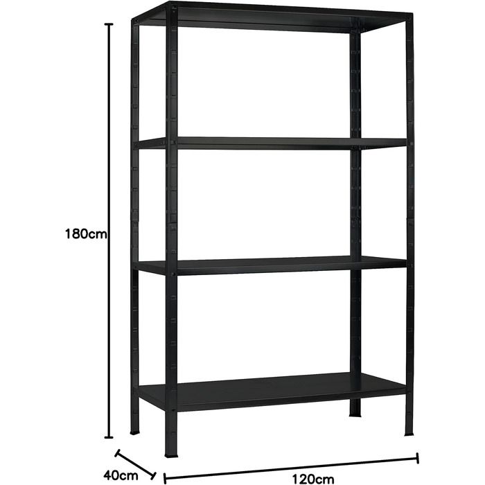 Система полиць SCHULTE з 4 полицями PowerMAX, вантажопідйомність 65 кг, 180x120x40 см (ВxШxГ), чорне текстуроване покриття, полиця для зберігання, полиця для майстерні, полиця для підвалу, полиця для гаража, металева полиця