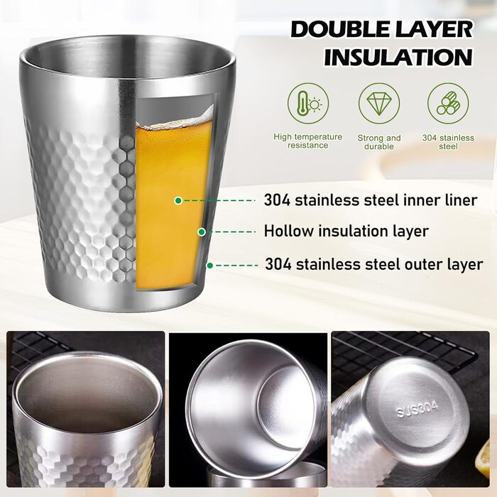 Набір чашок з нержавіючої сталі (5 предметів), штабельовані металеві чашки для пиття об&39ємом 300 мл з подвійними стінками, ударостійкі чарки, туристичні кухлі з молотковим візерунком, ізольовані чашки з нержавіючої сталі для пива, соку, води