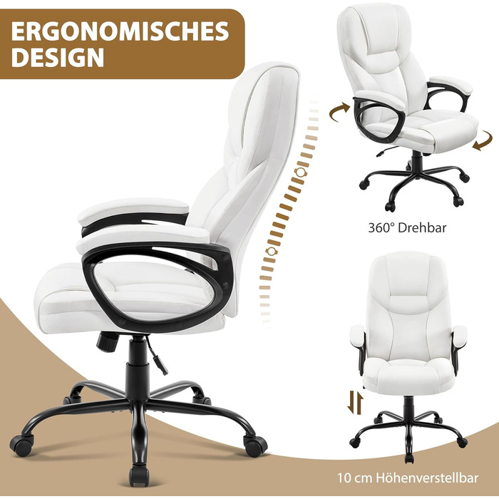 Офісне крісло Yaheetech, крісло керівника, ергономічне поворотне крісло з високою спинкою, комп&39ютерне крісло, зручне робоче крісло з регульованою висотою, офісне крісло зі штучної шкіри, піна високої щільності, функція гойдання, біле, біле, штучна шкір