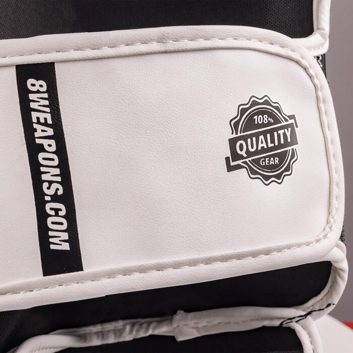 ВИДОВІВ ЗБРОЇ Щитки для гомілок Unlimited 2.0, біло-чорні, для тренувань та змагань, високоякісна синтетична шкіра та ідеальна амортизація, муай-тай, K1, MMA, карате та кікбоксинг, 8