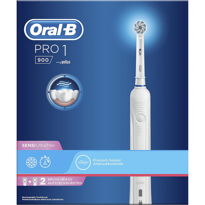 Акумуляторна електрична зубна щітка Oral-B PRO 1 900 Sensi UltraThin, 1 наконечник, 2 щітки, біла біла ука (1 упаковка)