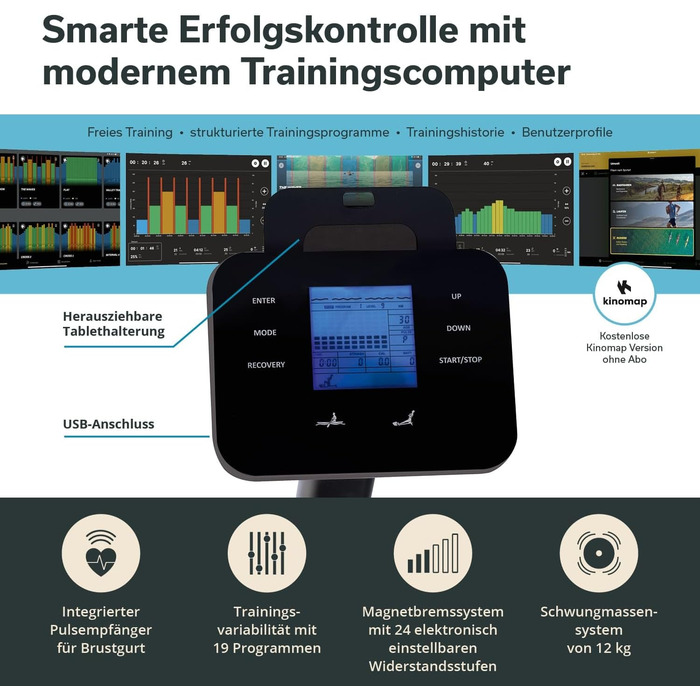 Домашній гребний тренажер Skandika Freki, 24 рівні опору, 19 програм тренувань, маховик 12 кг, магнітний опір, студійна якість, РК-дисплей, Kinomap, окремостоячий, низьке обслуговування, до 135 кг, синій/сірий плюс