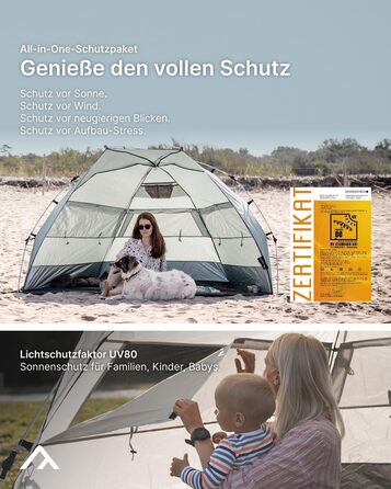 Пляжний навіс qeedo Quick Bay із захистом від ультрафіолету (UV80) для 2 осіб, включаючи сумку на колесах, пластикові кілочки та відтяжки - захист від сонця для сімей, дітей, немовлят або собак - Sandgrey Light Sand