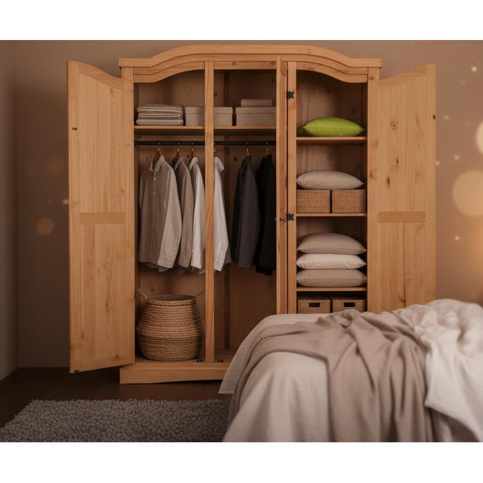 Шафа для спальні Dynamic24 3-дверна шафа New Mexico Ш152xВ193xГ54 см Масив сосни натурального кольору Комод Шафа Багатоцільова шафа Відкрита шафа Коричнева