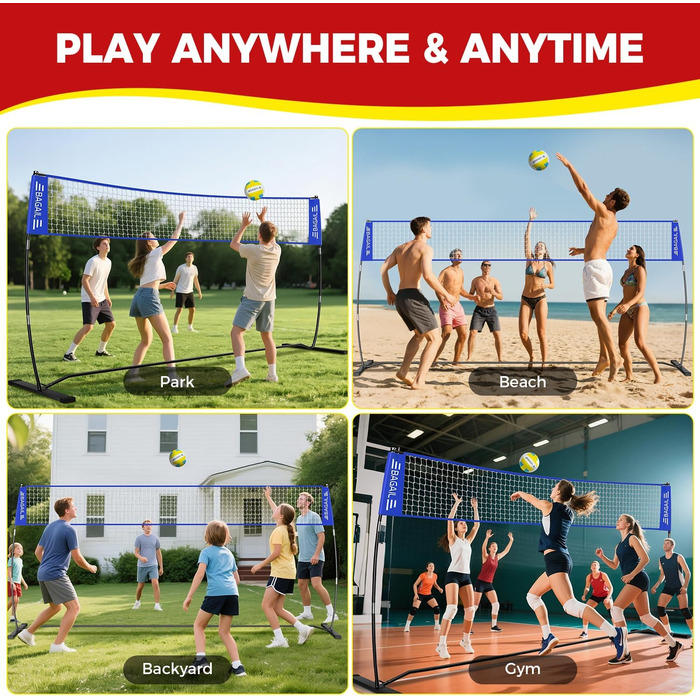 Портативна волейбольна сітка BAGAIL (3,6 м), Регульована висота, Міцна окремостояча рама, Для приміщень та вулиці, Синя