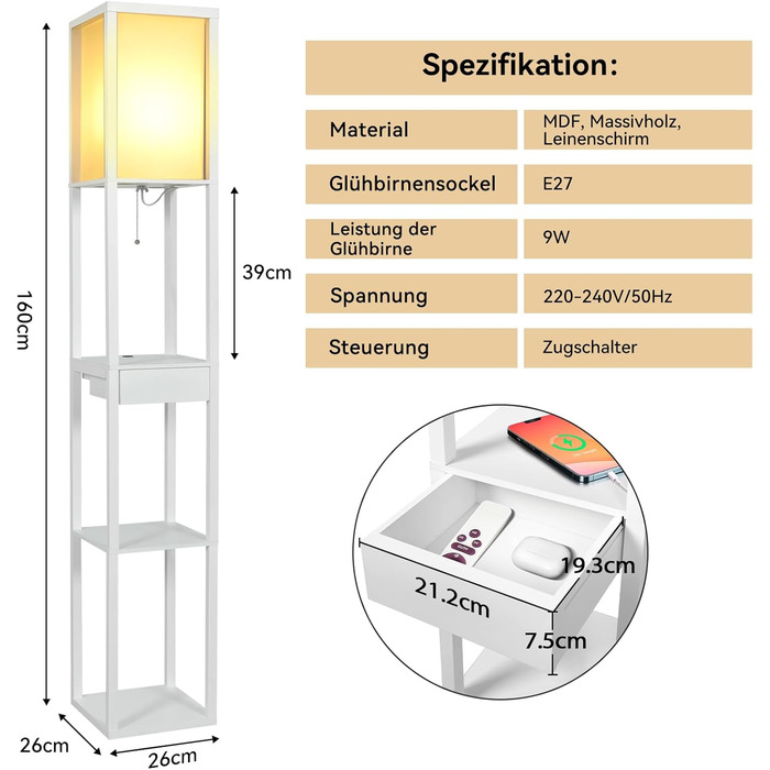 Торшер YU YUSING Дерев'яна полиця, Світлодіодний торшер для вітальні з 3 дерев'яними полицями з цоколем E27 Внутрішнє освітлення 1,6 м для офісу спальні Whonzimmer (білий з ящиком)