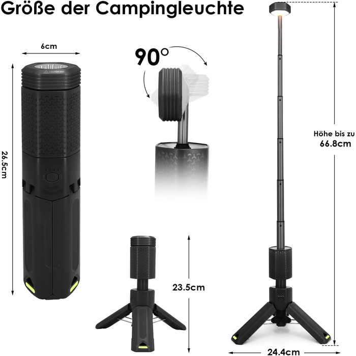 Телескопічний кемпінговий ліхтар, акумуляторний кемпінговий ліхтар ємністю 10500 мАг із сумкою для зберігання, портативний водонепроникний кемпінговий ліхтар із магнітним кріпленням (чорний)