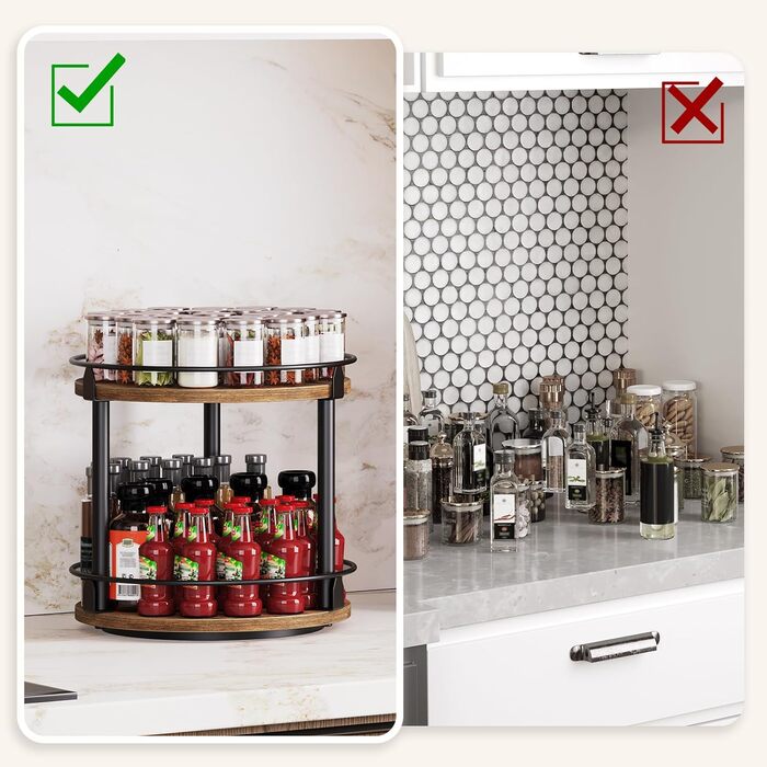 Підставка для спецій, 2-рівневий обертовий органайзер, комплект з 2 шт. , кругла обертова підставка для зберігання, компактний тримач для спецій з поворотним столом, для кухонної стільниці, обіднього столу, вінтажний коричневий та чорний XSR22L2BR 26 x 26