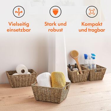 Кошик для зберігання з морської трави VonHaus, 4 плетені кошики Ручно плетені кошики з морської трави для зберігання у ванній кімнаті на полицях Плетені кошики з натуральної морської трави з ручками для ванної кімнати та домашнього офісу, набір з 4 шт.