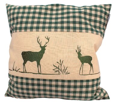 Зелена картата соснова подушка з вишивкою оленя, наповнена сосновою стружкою, виготовлена з деревини швейцарської сосни, розмір 40x40 см